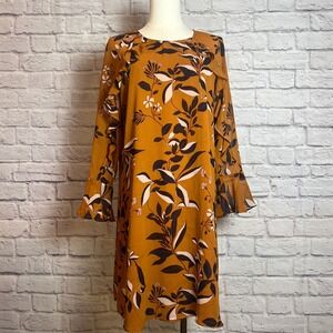 Ann Taylor Factory Women's Petite 12P Mustard Floral Bell Sleeve Shift Dress